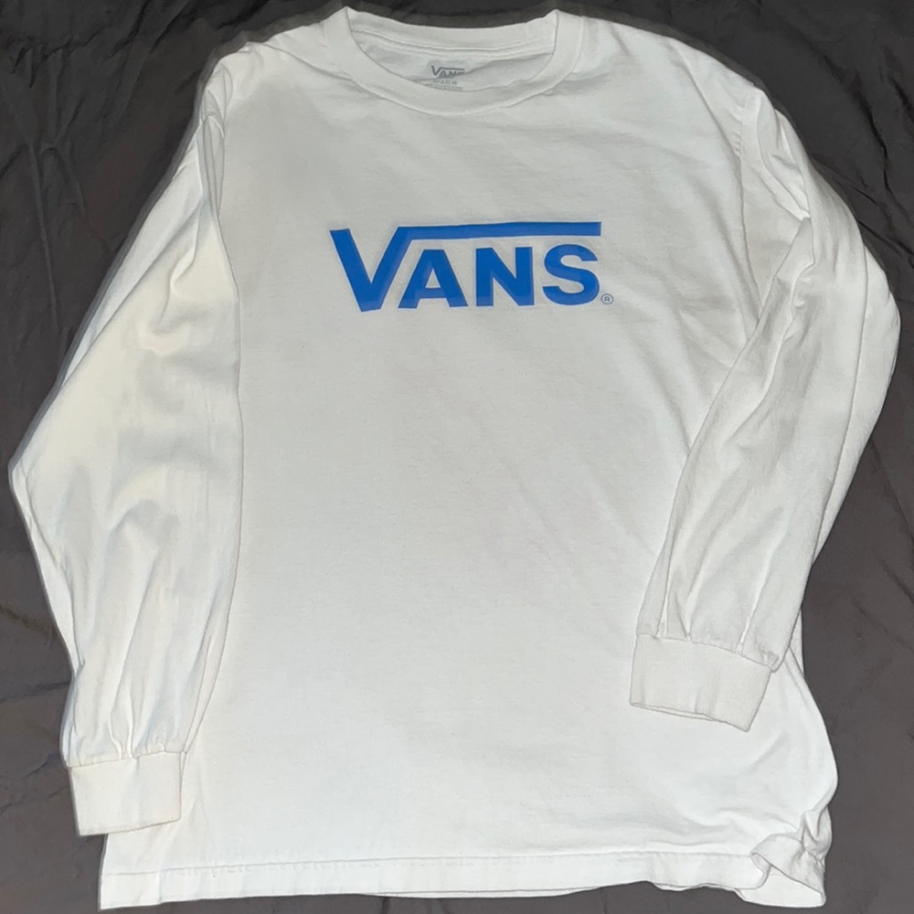 Large White Vans Long Sleeve Shirt Blue Vans Logo